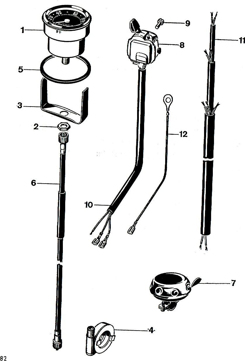 Explosietekening Tellerklok, kabel, bel Kreidler Florett bromfiets 1972 (3 en 4 versnellingen)