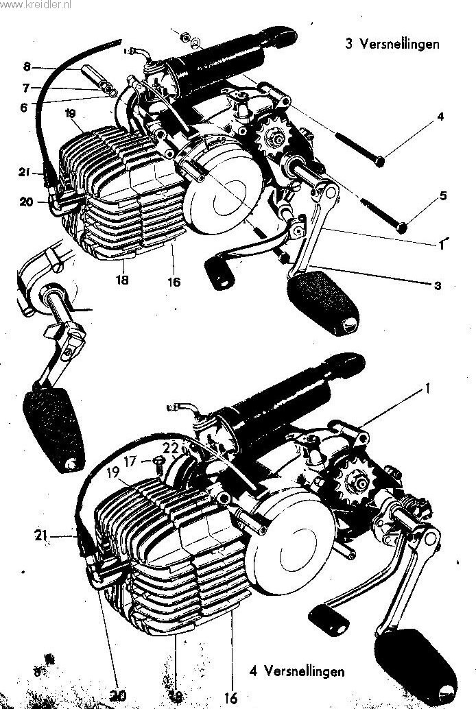 Explosietekening Complete motor, 3 versnellingen Kreidler Florett vanaf 1974 (RS, RM, RMC, LF, LH)