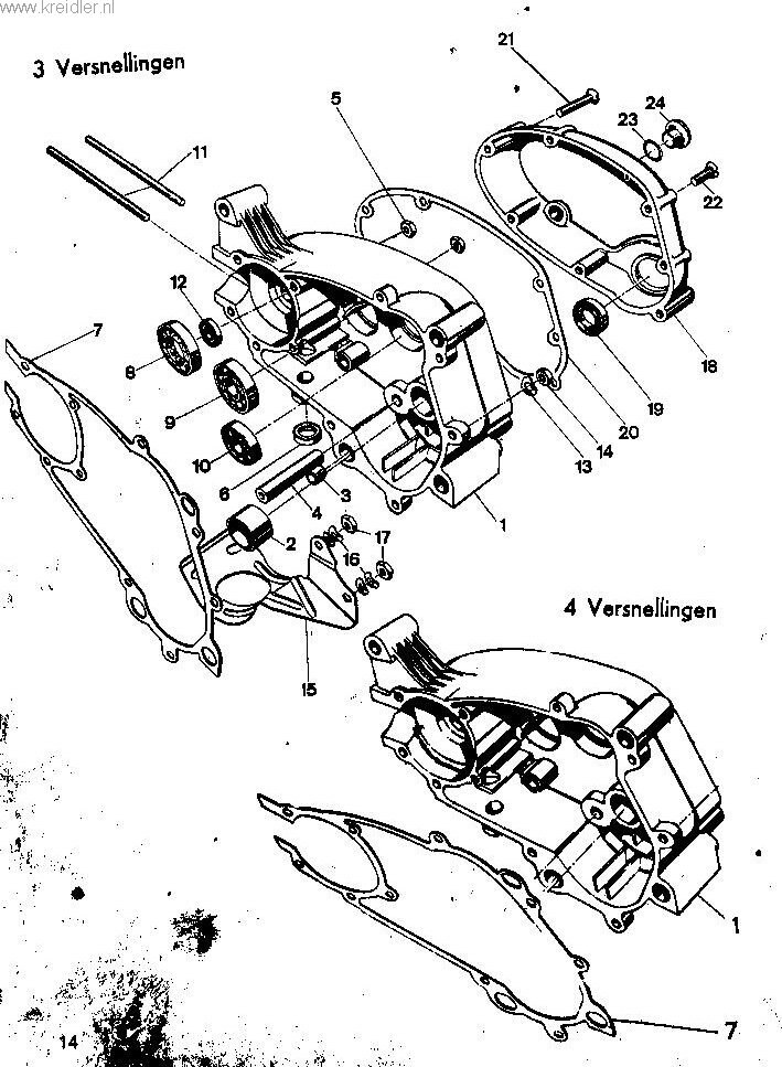 Explosietekening Carterhelft rechts (3 versnellingen) Kreidler Florett vanaf 1974 (RS, RM, RMC, LF, LH)