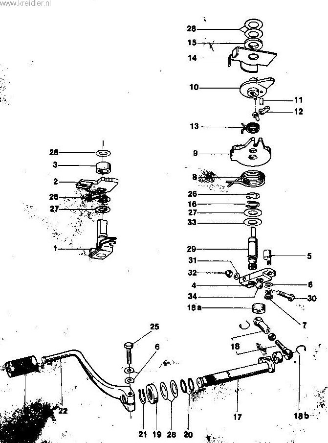 Explosietekening Schakelmechanisme voor voetschakeling Kreidler Florett vanaf 1974 (RS, RM, RMC, LF, LH)