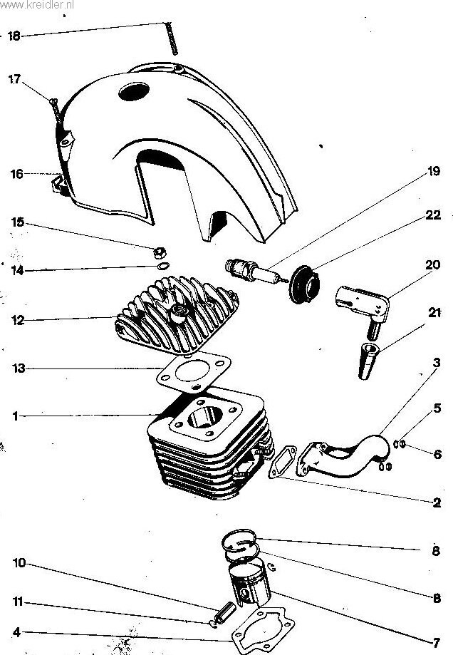Explosietekening Cilinder en cilinderkop (geforceerd gekoeld) Kreidler Florett vanaf 1974 (RS, RM, RMC, LF, LH)