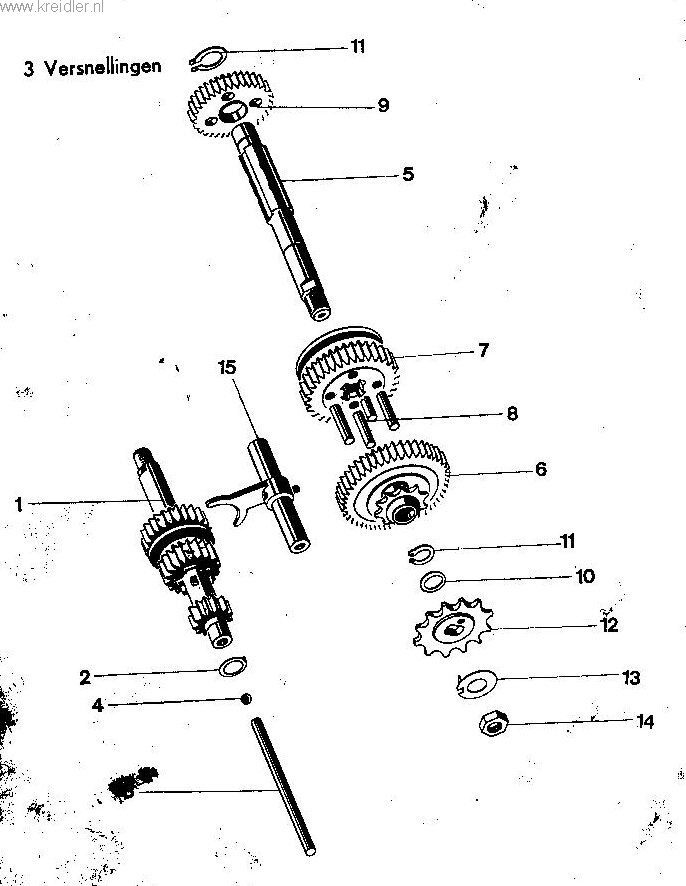 Explosietekening Schakeltandwielen met toebehoren, 3 versnellingen Kreidler Florett vanaf 1974 (RS, RM, RMC, LF, LH)