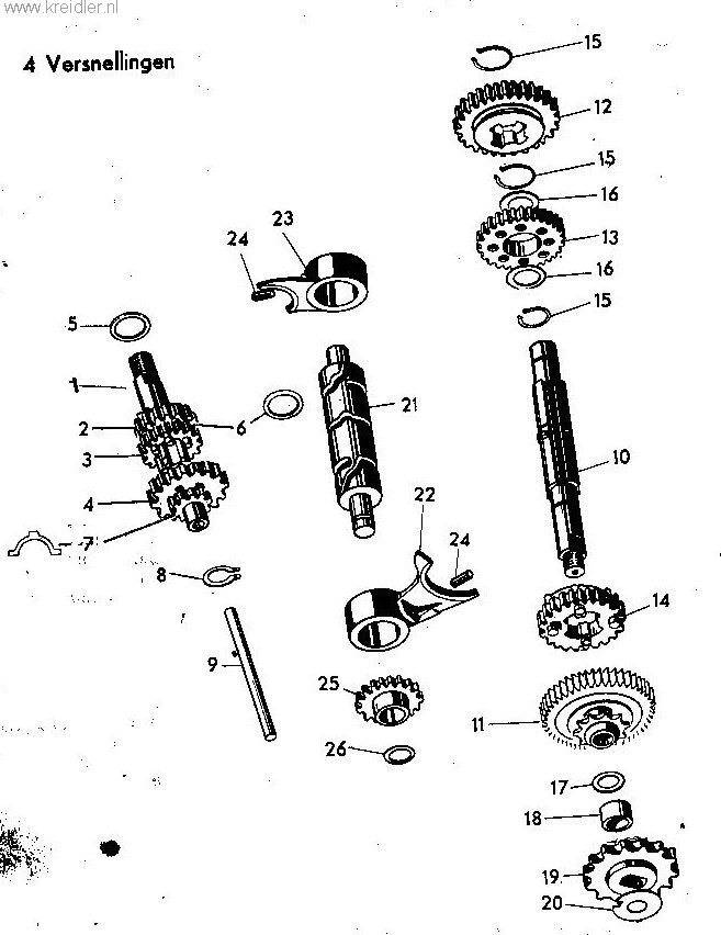 Explosietekening Schakeltandwielen en toebehoren, 4 Kreidler Florett vanaf 1974 (RS, RM, RMC, LF, LH)