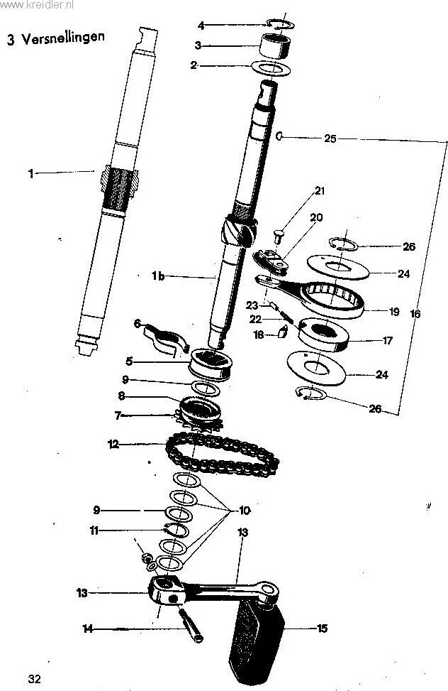 Explosietekening Aantrapmechanisme met remhefboom, 3 versnellingen Kreidler Florett vanaf 1974 (RS, RM, RMC, LF, LH)