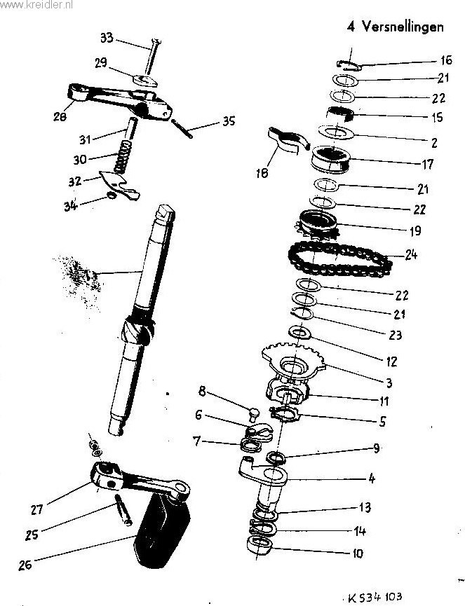 Explosietekening Aantrapmechanisme 4 versnellingen Kreidler Florett vanaf 1974 (RS, RM, RMC, LF, LH)