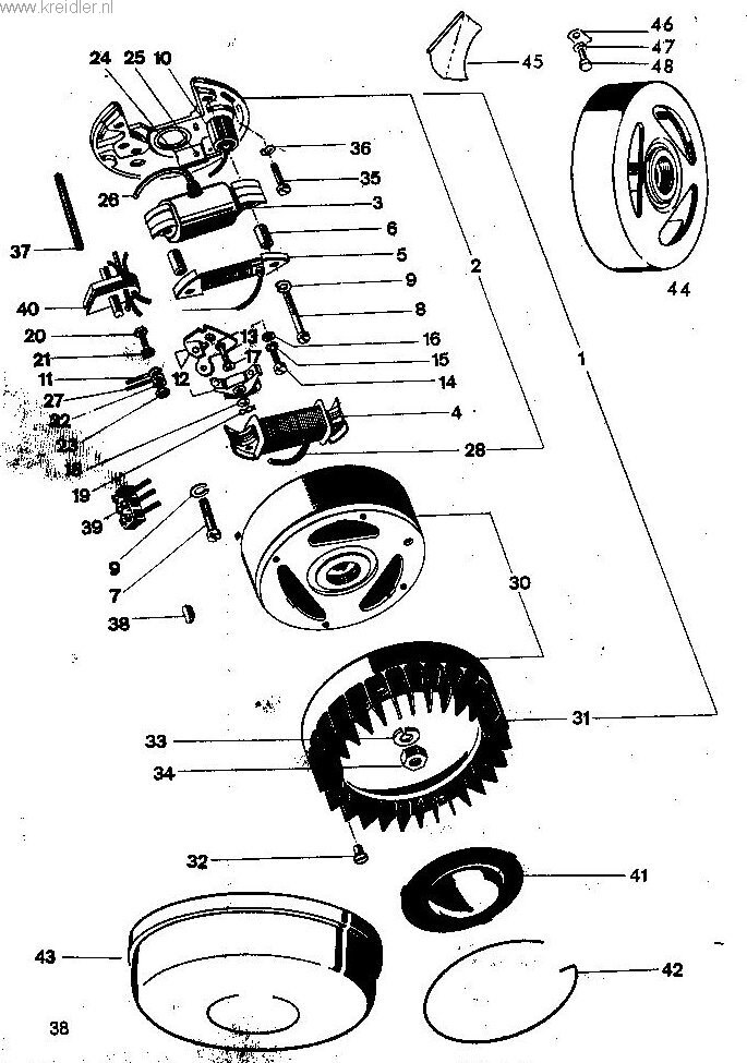 Explosietekening Ontstekingsinrichting 22 watt Kreidler Florett vanaf 1974 (RS, RM, RMC, LF, LH)