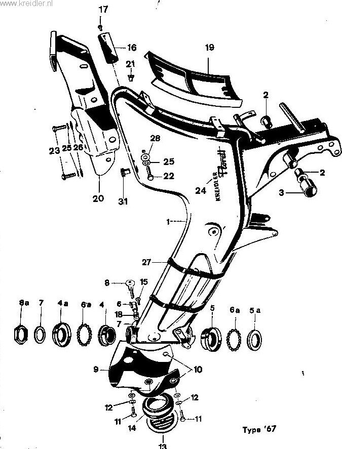 Explosietekening FRAME 1967 (BALHOOFD + STUURSLOT) . 1 niet leverbaar Frame 1 Kreidler Florett vanaf 1974 (RS, RM, RMC, LF, LH)