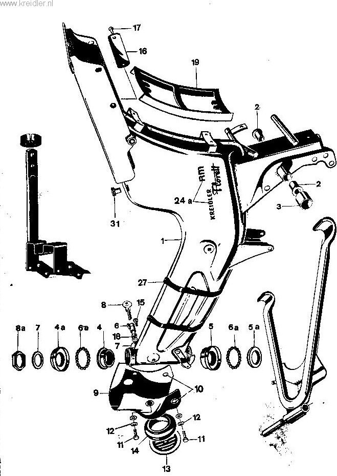 Explosietekening Frame 1968 t/m 1972 (balhoofd + stuurslot) Kreidler Florett vanaf 1974 (RS, RM, RMC, LF, LH)