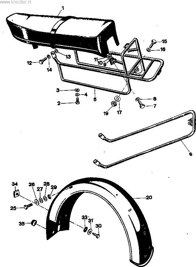 Explosietekening Buddy seats, kofferrek en achterspatbord Kreidler Florett vanaf 1974 (RS, RM, RMC, LF, LH)