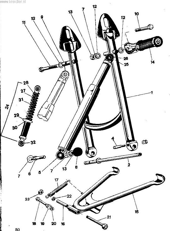 Explosietekening Achtervork, schokbrekers, standaard, voetsteunen Kreidler Florett vanaf 1974 (RS, RM, RMC, LF, LH)
