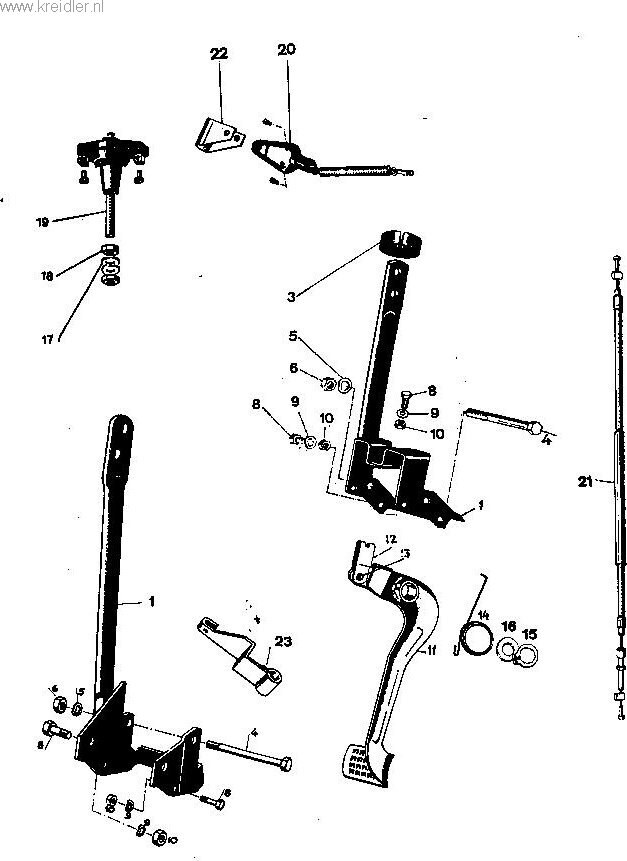 Explosietekening Onderbouw, rempedaal, remlichtschakelaar achterremkabel Kreidler Florett vanaf 1974 (RS, RM, RMC, LF, LH)