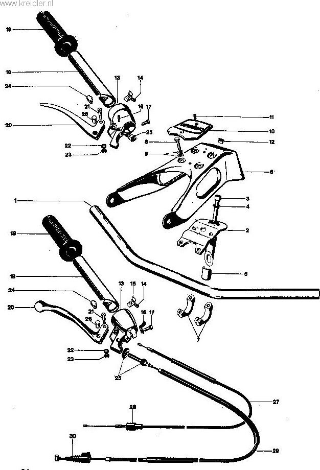 Explosietekening Stuur, lampdrager, gasdraaigreep, gaskabels Kreidler Florett vanaf 1974 (RS, RM, RMC, LF, LH)