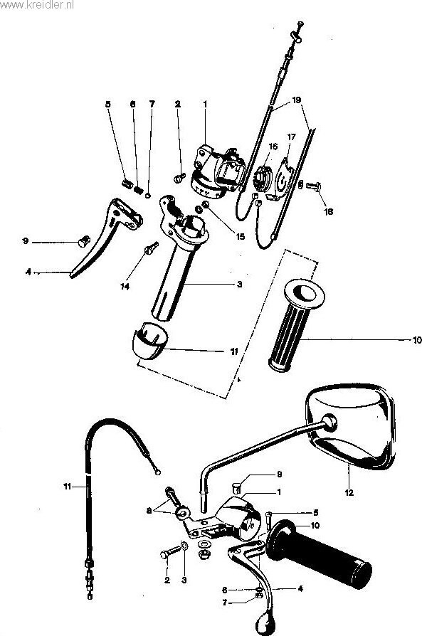 Explosietekening Schakelhandel, kopp. handel, kabels en spiegel Kreidler Florett vanaf 1974 (RS, RM, RMC, LF, LH)