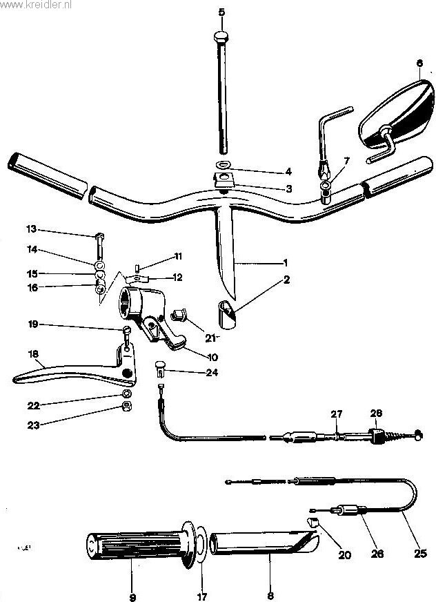 Explosietekening Stuur, spiegel, gasdraaigreep, bowdenkabels Kreidler Florett vanaf 1974 (RS, RM, RMC, LF, LH)