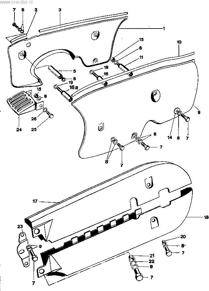 Explosietekening Motorschermen, keftingkast {riiwindkoeling Kreidler Florett vanaf 1974 (RS, RM, RMC, LF, LH)
