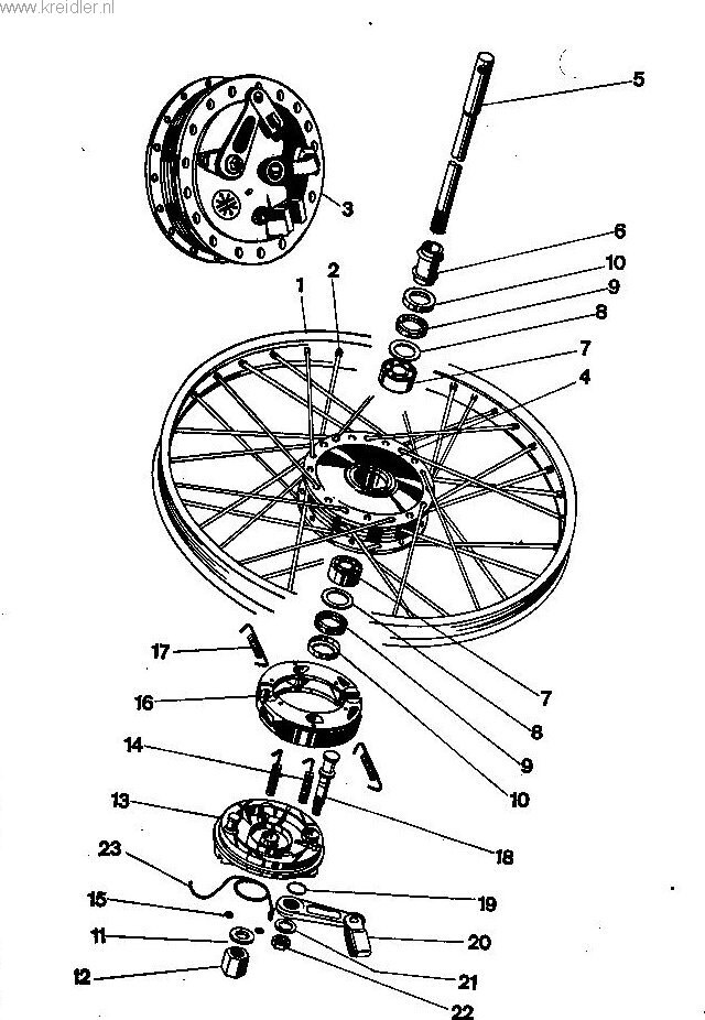 Explosietekening Voorwiel £ Kreidler Florett vanaf 1974 (RS, RM, RMC, LF, LH)