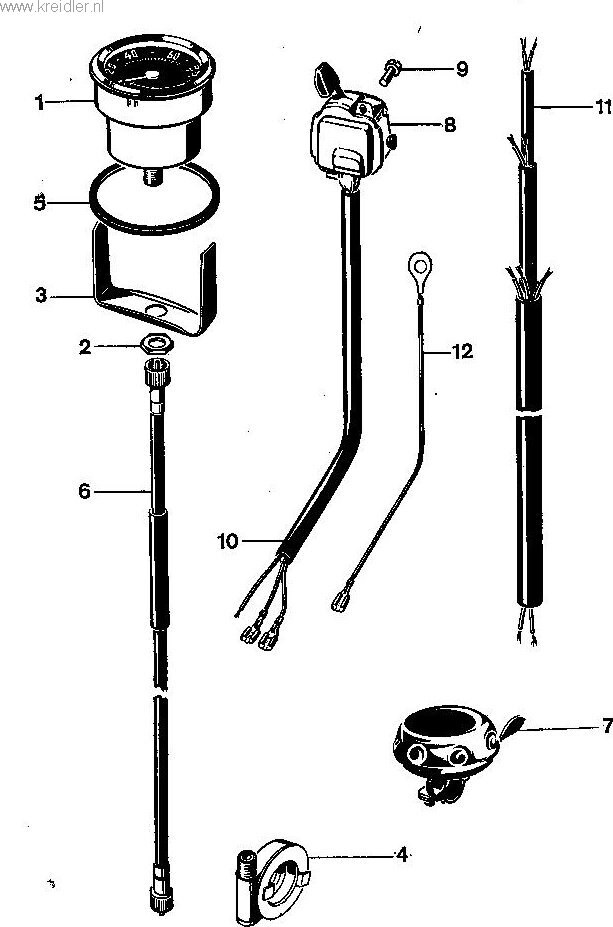 Explosietekening Tellerklok, kabel, bel, lichtschakelaar Kreidler Florett vanaf 1974 (RS, RM, RMC, LF, LH)