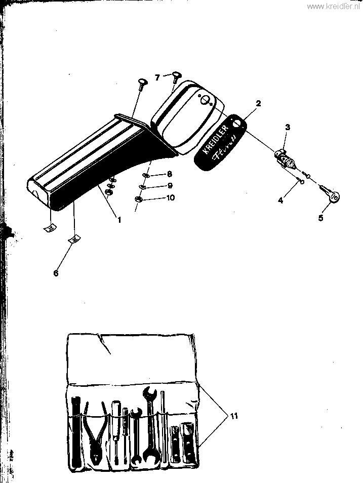 Explosietekening Gereedschapkastie, gereedschapset, handpompje Kreidler Florett vanaf 1974 (RS, RM, RMC, LF, LH)