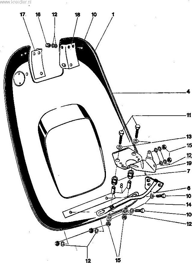 Explosietekening Beenschild t/m 1972 Kreidler Florett vanaf 1974 (RS, RM, RMC, LF, LH)