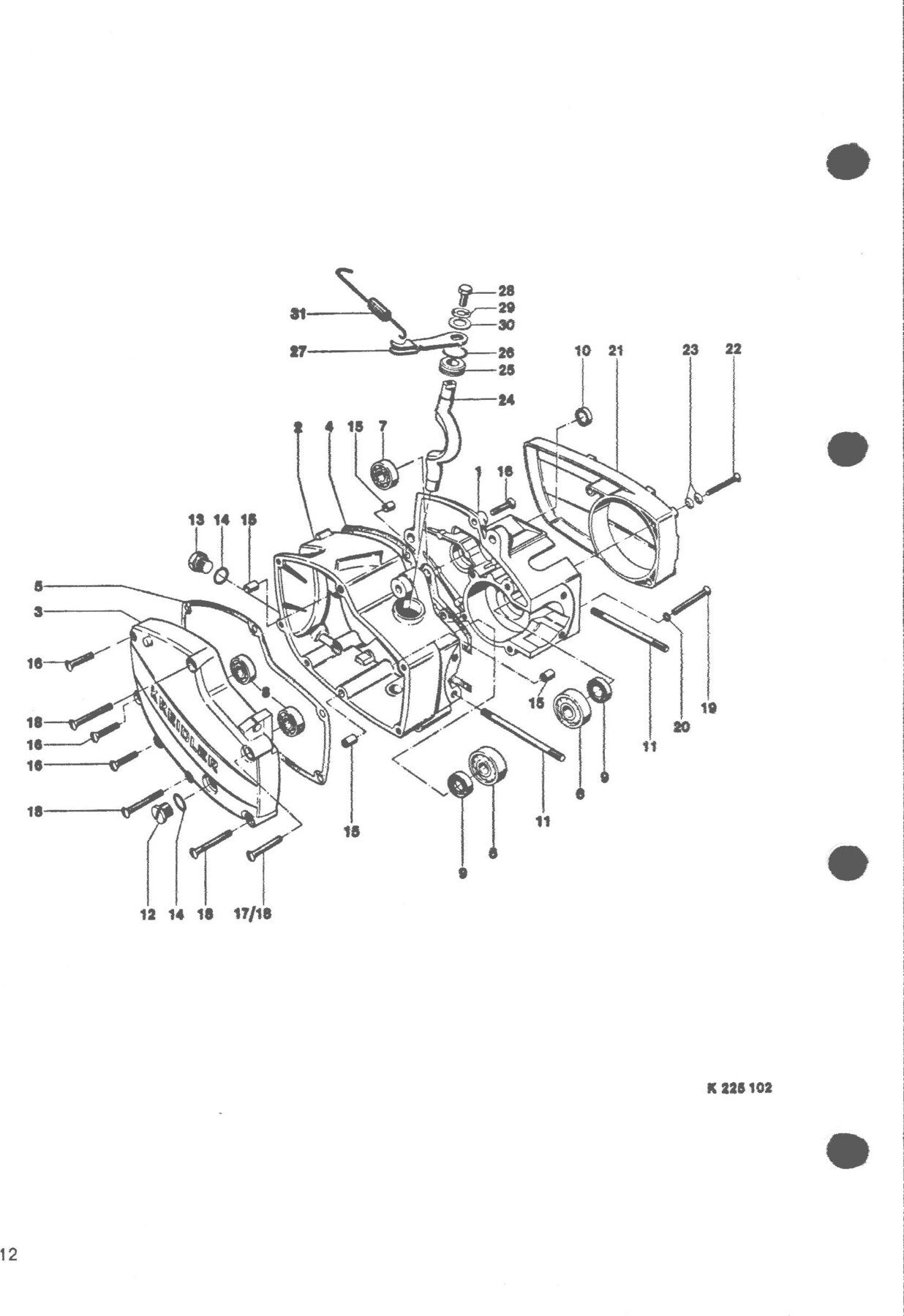 Explosietekening Motor / Motorgehäuse, Zünderdeckel, Kupplungswelie Kreidler Flory MF2/MF4 en Moped MP1/MP2 (1970-1975)