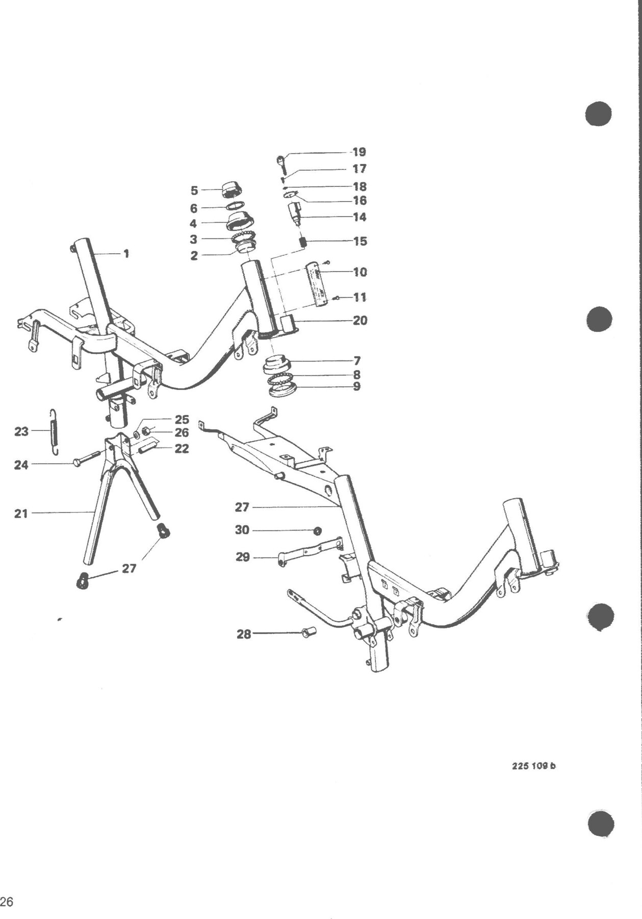 Explosietekening Hauptrahmen / Steuerlager, Lenkschloß, Ständer Kreidler Flory MF2/MF4 en Moped MP1/MP2 (1970-1975)