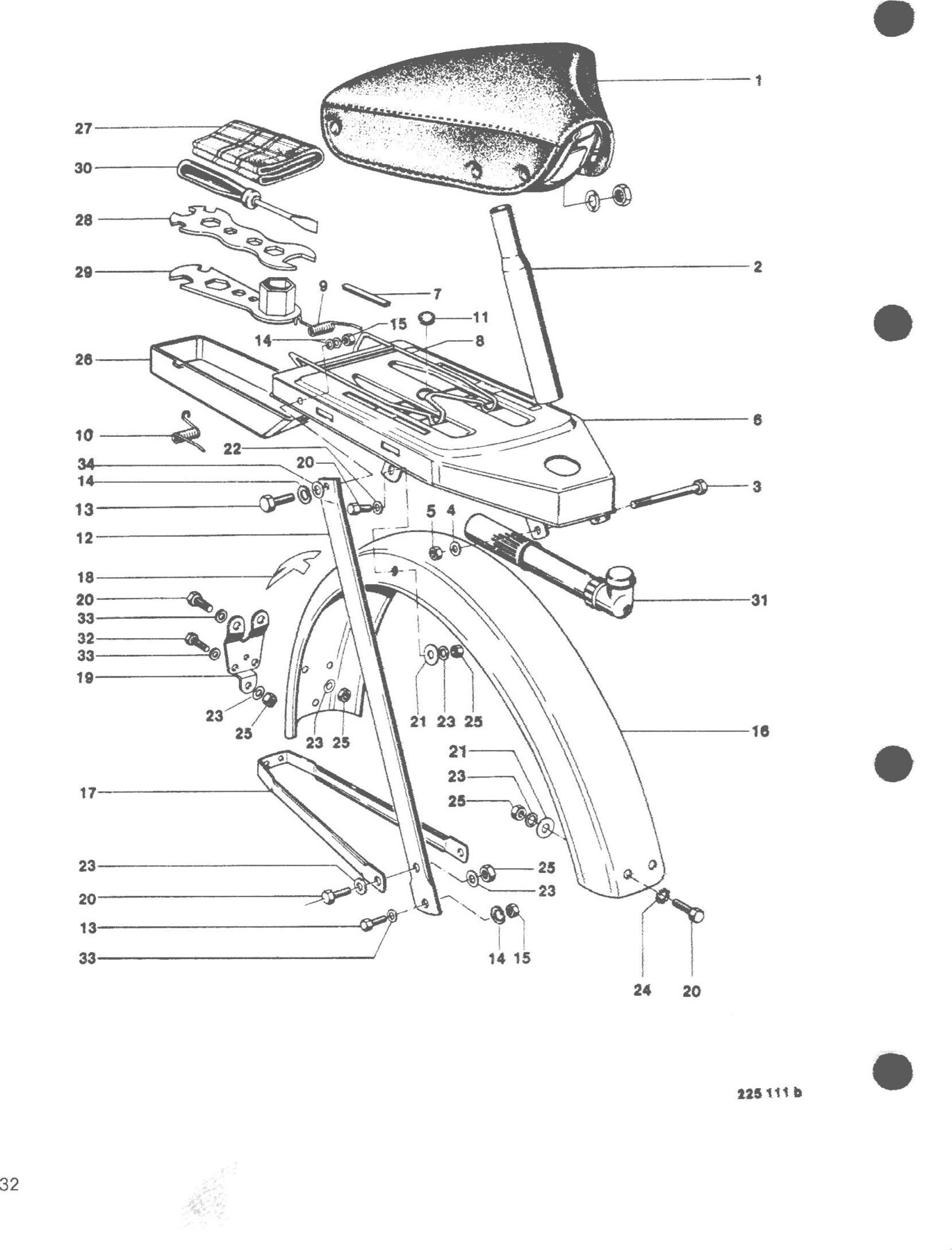 Explosietekening Sattel, Gepäckträger, Hinterrad-Kotflügel, Werkzeugbehälter Kreidler Flory MF2/MF4 en Moped MP1/MP2 (1970-1975)