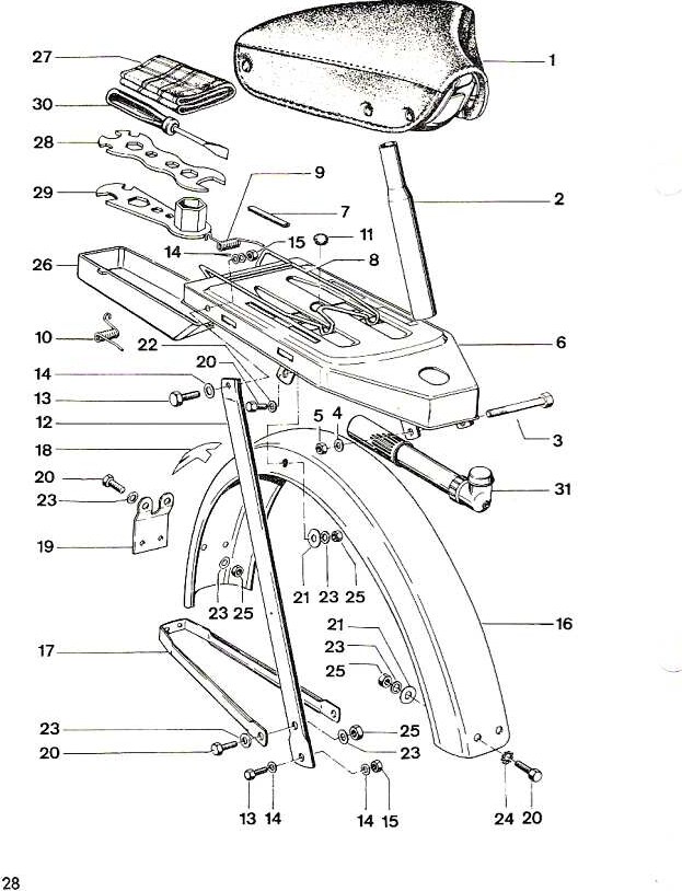 Explosietekening Bagagedrager, achterspatbord, gereedschapkastje Kreidler MP3 (1969-1972)
