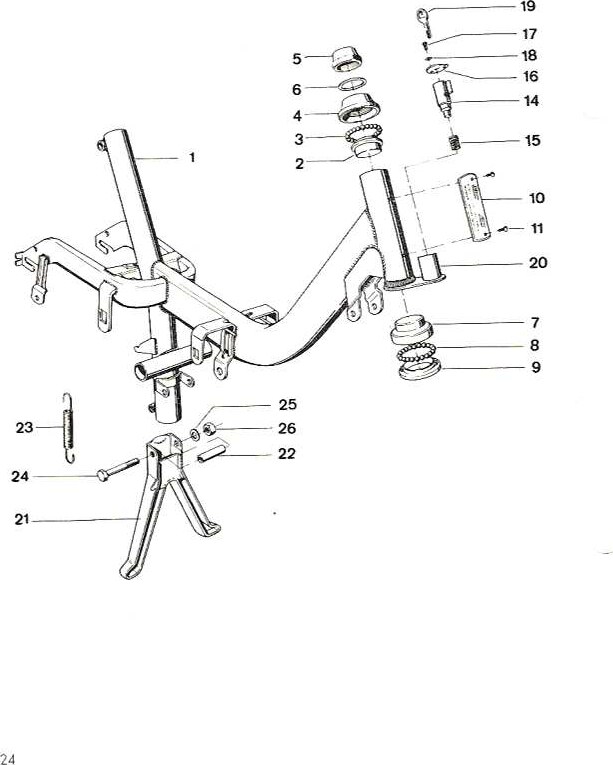 Explosietekening Frame, balhoofdstel, stuurslot, standaard ne Kreidler MP3 (1969-1972)
