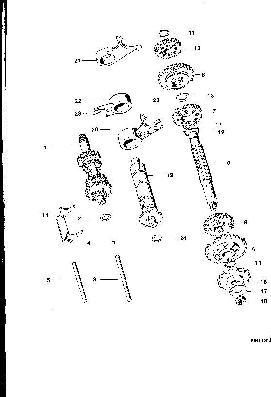 Explosietekening N Keilwelle, Kettenritzel chaltwalze mit Schaltgabeln Kreidler Florett RS-G, RSH-G en RSH-GS vanaf 1978