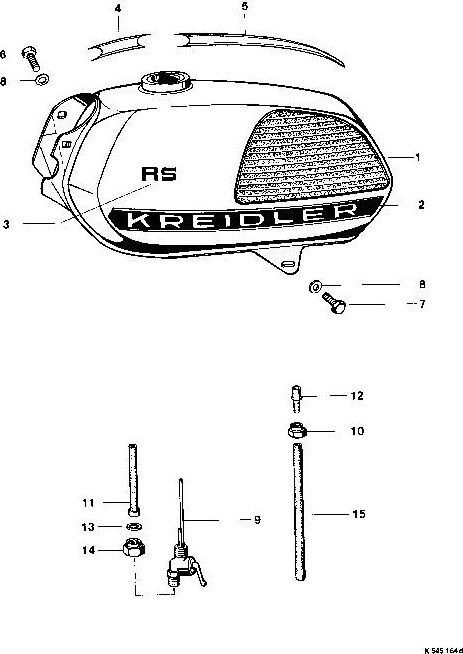 Explosietekening Kraftsto Éfanlage / Krafteto ffbehälter, Kraftetoff- hahn Kreidler Florett RS-G, RSH-G en RSH-GS vanaf 1978