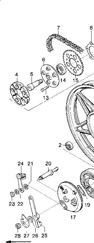 Explosietekening Hinterrad / Guß- und Verbundrad mit Trommelbrense 160 { Kreidler Florett RS-G, RSH-G en RSH-GS vanaf 1978