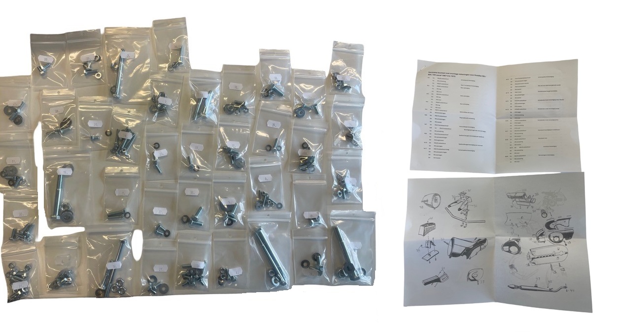 Complete boutenset verzinkt passend voor Kreidler RS / RM / TM 1967-1972 237-delige set compleet met beschrijving en montage tekening in nederlands en duits met bevestiging voor onder andere spatborden / schokbrekers / voetsteun / kettingkast ... voor Kreidler