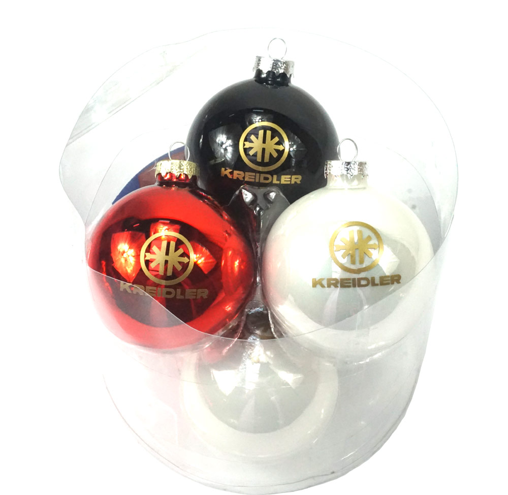 KREIDLER Set 6 kerstballen Kreidler wit - rood - zwart met logo - Kreidler onderdeel